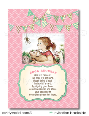 Celebrate your baby's 1st birthday with Swirly World's "TERRIFIC" Charlotte's Web Invitation Set with Book Request poem card! 🐷🎉 Featuring Wilbur, Fern, Templeton, and Charlotte, this barnyard-themed collection includes invitations, thank you cards, and envelopes. Expertly printed on premium paper, perfect for a memorable celebration.