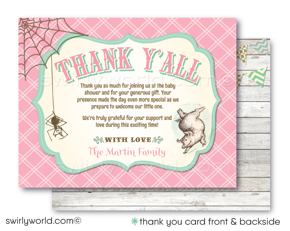 Celebrate your baby's 1st birthday with Swirly World's "TERRIFIC" Charlotte's Web Invitation Set! 🐷🎉 Featuring Wilbur, Fern, Templeton, and Charlotte, this barnyard-themed collection includes invitations, thank you cards, and envelopes. Expertly printed on premium paper, perfect for a memorable celebration.