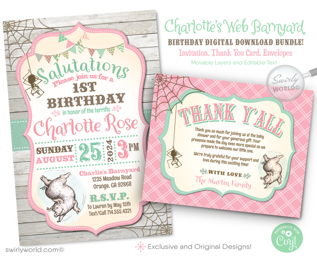 Celebrate your baby's 1st birthday with our Charlotte's Web Party Digital Download Set! 🐷🎉 Featuring Wilbur, Fern, Templeton, and Charlotte, this barnyard-themed collection includes customizable invitations and thank you cards. Easily personalize with Corjl for a memorable celebration. Download now! ✨