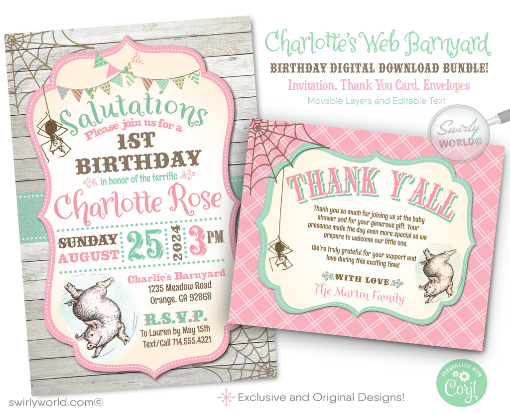 Embrace the charm of a timeless classic with our Charlotte's Web 1st Birthday Party Digital Downloadable Set, designed to celebrate the first birthday of your little one with a heartwarming barnyard theme. This enchanting collection captures the spirit of the beloved characters from E.B. White's iconic tale, including Wilbur the Pig, Fern, Templeton, and Charlotte the Spider, offering a unique and nostalgic touch to your baby's first birthday party.