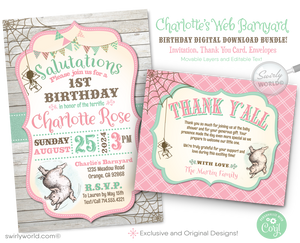 Celebrate your baby's 1st birthday with our Charlotte's Web Party Digital Download Set! 🐷🎉 Featuring Wilbur, Fern, Templeton, and Charlotte, this barnyard-themed collection includes customizable invitations and thank you cards. Easily personalize with Corjl for a memorable celebration. Download now! ✨