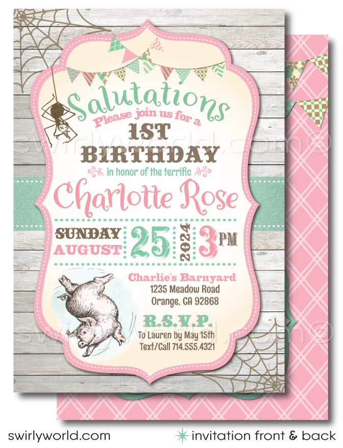 Vintage Barnyard Rustic Charlotte's Web Girl's Barnyard 1st Birthday Party Invitations