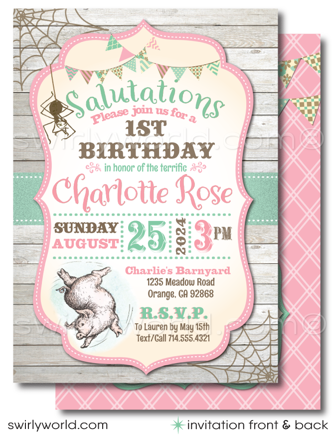 Celebrate your baby's 1st birthday with Swirly World's "TERRIFIC" Charlotte's Web Invitation Set! 🐷🎉 Featuring Wilbur, Fern, Templeton, and Charlotte, this barnyard-themed collection includes invitations, thank you cards, and envelopes. Expertly printed on premium paper, perfect for a memorable celebration.