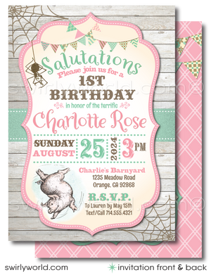 Celebrate your baby's 1st birthday with Swirly World's "TERRIFIC" Charlotte's Web Invitation Set! 🐷🎉 Featuring Wilbur, Fern, Templeton, and Charlotte, this barnyard-themed collection includes invitations, thank you cards, and envelopes. Expertly printed on premium paper, perfect for a memorable celebration.