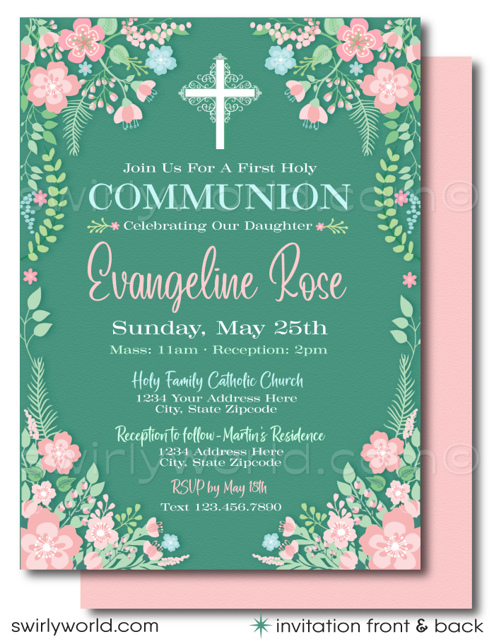 Girls' Vintage Botanical Floral 1st First Holy Communion Invitation Digital Download