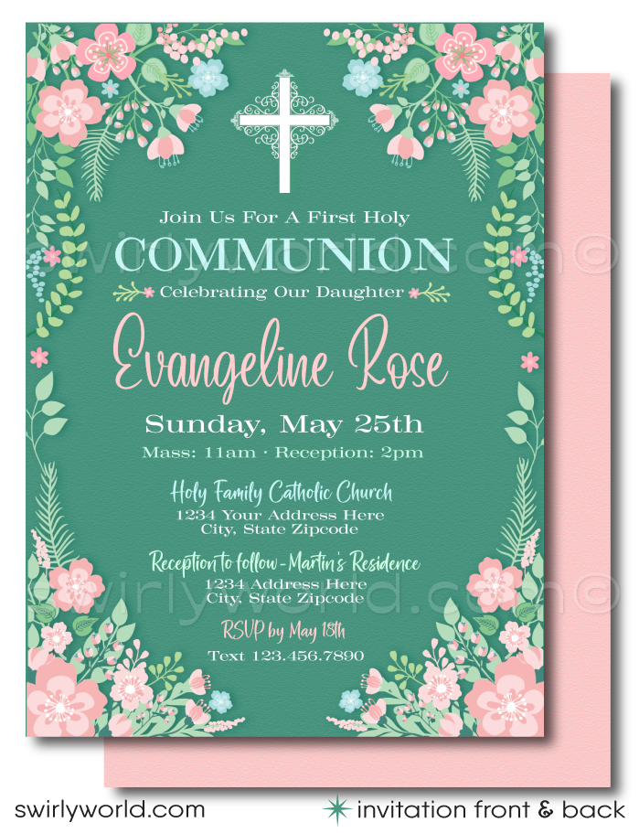 Celebrate your daughter's special day with timeless elegance and grace with our Vintage Floral First Holy Communion Invitation and Thank You Card set. Designed with intricate details reminiscent of an English botanical garden, these exclusive printed invites and thank you card offer a beautiful fusion of vintage charm and modern convenience.