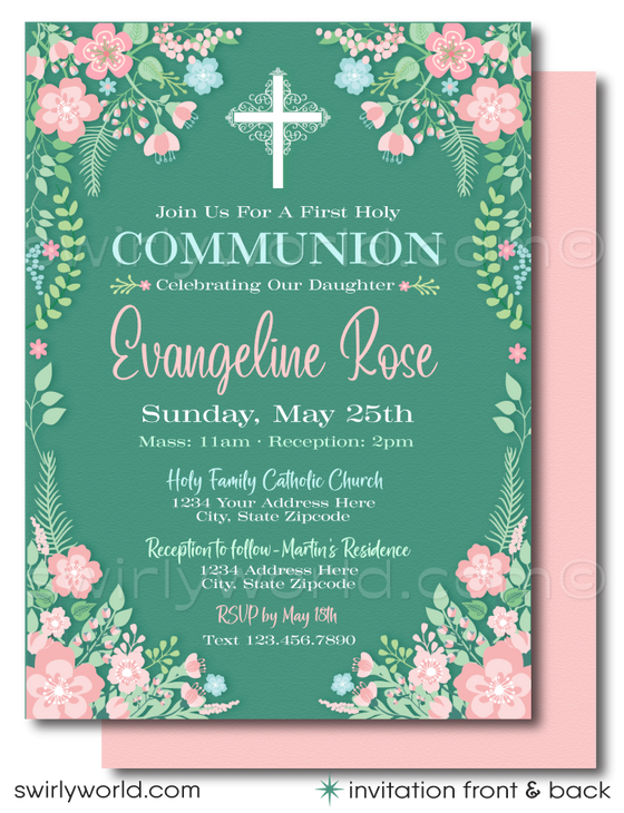 Celebrate your daughter's special day with timeless elegance and grace with our Vintage Floral First Holy Communion Invitation and Thank You Card set. Designed with intricate details reminiscent of an English botanical garden, these exclusive printed invites and thank you card offer a beautiful fusion of vintage charm and modern convenience.