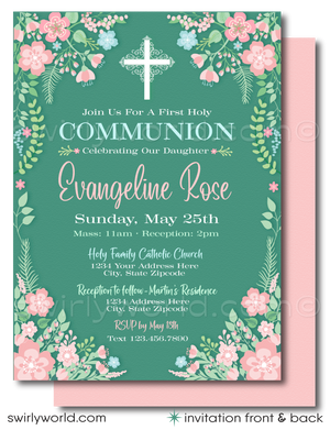 Celebrate your daughter's special day with timeless elegance and grace with our Vintage Floral First Holy Communion Invitation and Thank You Card set. Designed with intricate details reminiscent of an English botanical garden, these exclusive printed invites and thank you card offer a beautiful fusion of vintage charm and modern convenience.