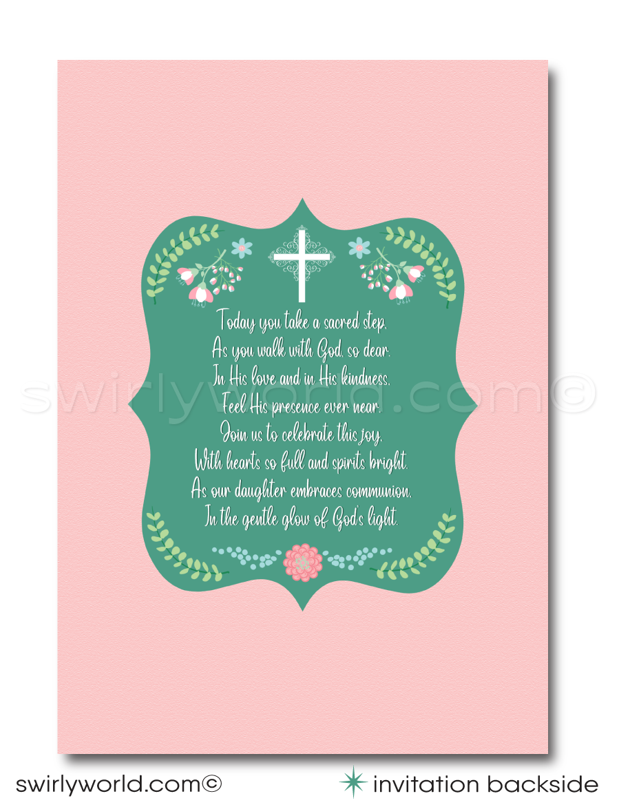 Girls' Vintage Botanical Floral 1st First Holy Communion Invitation Digital Download