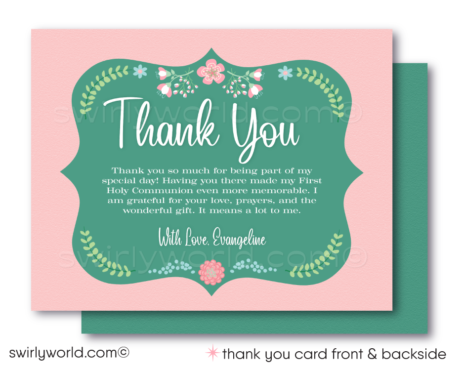 Botanical Floral Shabby Chic Vintage First 1st Holy Communion Invites and Thank You Cards for Girls