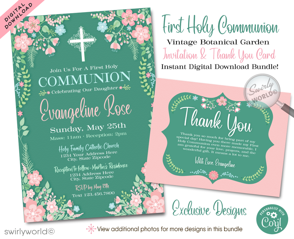 Girls' Vintage Botanical Floral 1st First Holy Communion Invitation Digital Download