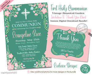 Girls' Vintage Botanical Floral 1st First Holy Communion Invitation Digital Download