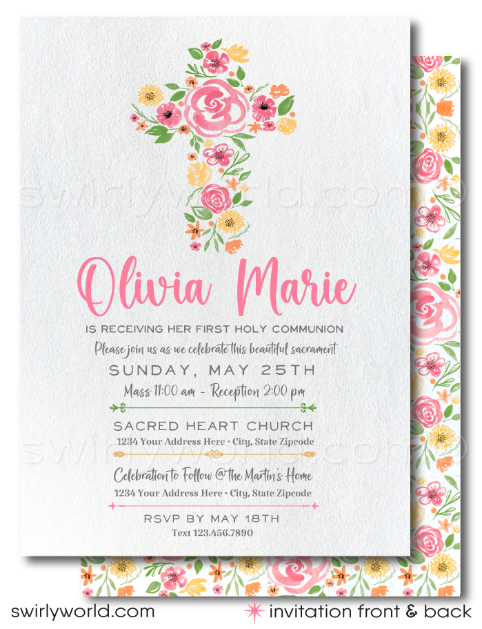 This special First Holy Communion invitation celebrates a significant spiritual milestone with a design as unique and heartfelt as the occasion itself. Our invitation features a stunning cross, meticulously crafted from the shapes of beautiful spring flowers in soft pastel colors, embodying the freshness and joy of this sacred celebration.