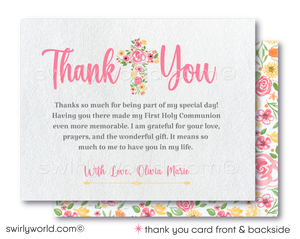 This special First Holy Communion invitation celebrates a significant spiritual milestone with a design as unique and heartfelt as the occasion itself. Our invitation features a stunning cross, meticulously crafted from the shapes of beautiful spring flowers in soft pastel colors, embodying the freshness and joy of this sacred celebration.