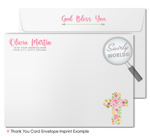 Watercolor Spring Flowers Cross 1st First Holy Communion Invites and Thank You Card for Girls