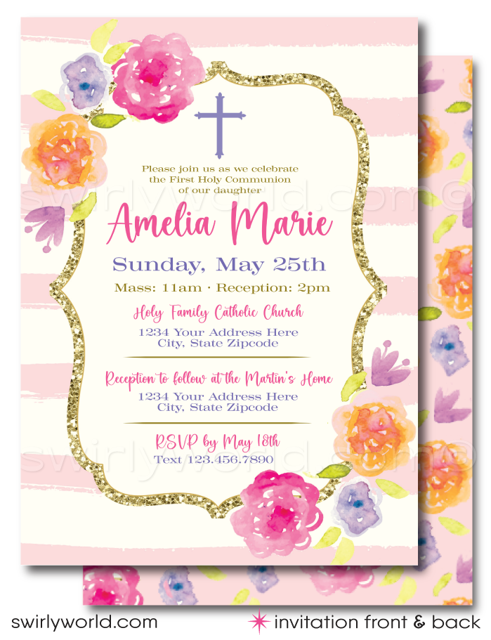 Vintage Floral Shabby Chic First Holy Communion Invitation and Thank You Card Set