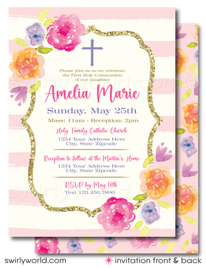 Vintage Floral Shabby Chic First Holy Communion Invitation and Thank You Card Set