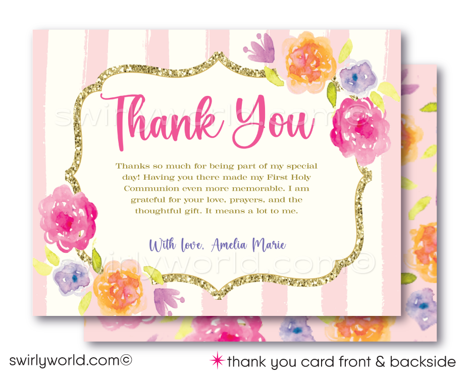 Vintage Floral Shabby Chic First Holy Communion Invitation and Thank You Card Set (Digital Download)