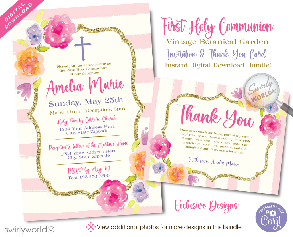 Vintage Floral Shabby Chic First Holy Communion Invitation and Thank You Card Set