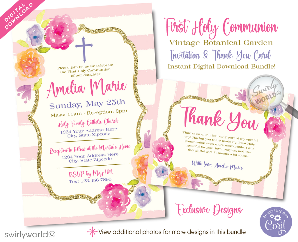Vintage Floral Shabby Chic First Holy Communion Invitation and Thank You Card Set (Digital Download)