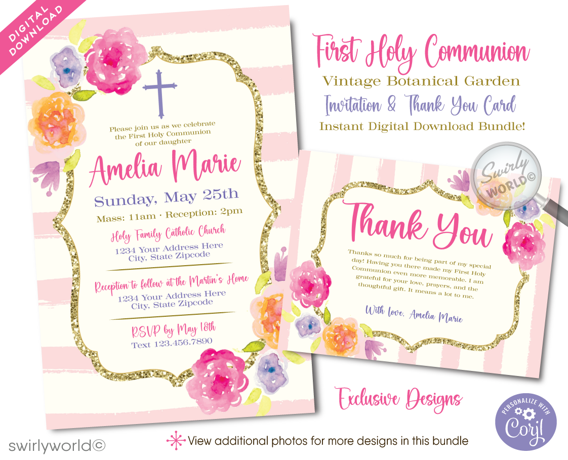 Vintage Floral Shabby Chic First Holy Communion Invitation and Thank You Card Set
