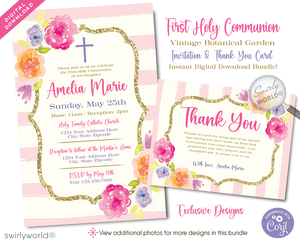 Vintage Floral Shabby Chic First Holy Communion Invitation and Thank You Card Set