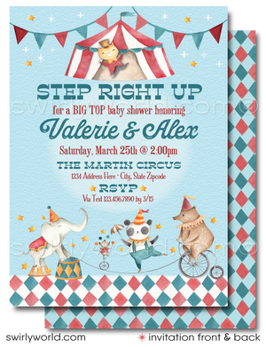 Delight in our French Vintage Carnival Circus Baby Shower Set, featuring watercolor circus characters like elephants, tigers, and pandas. Customize this nostalgic printed invitations with movable layers and vintage fonts. Perfect for a gender-neutral couple's shower that's as enchanting as it is memorable.