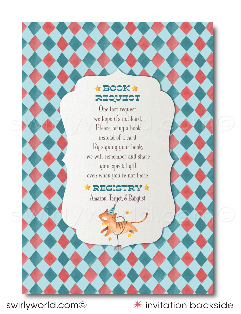 Delight in our French Vintage Carnival Circus Baby Shower Set, featuring watercolor circus characters like elephants, tigers, and pandas. Customize this nostalgic digital download with movable layers and vintage fonts. Perfect for a gender-neutral couple's shower that's as enchanting as it is memorable.