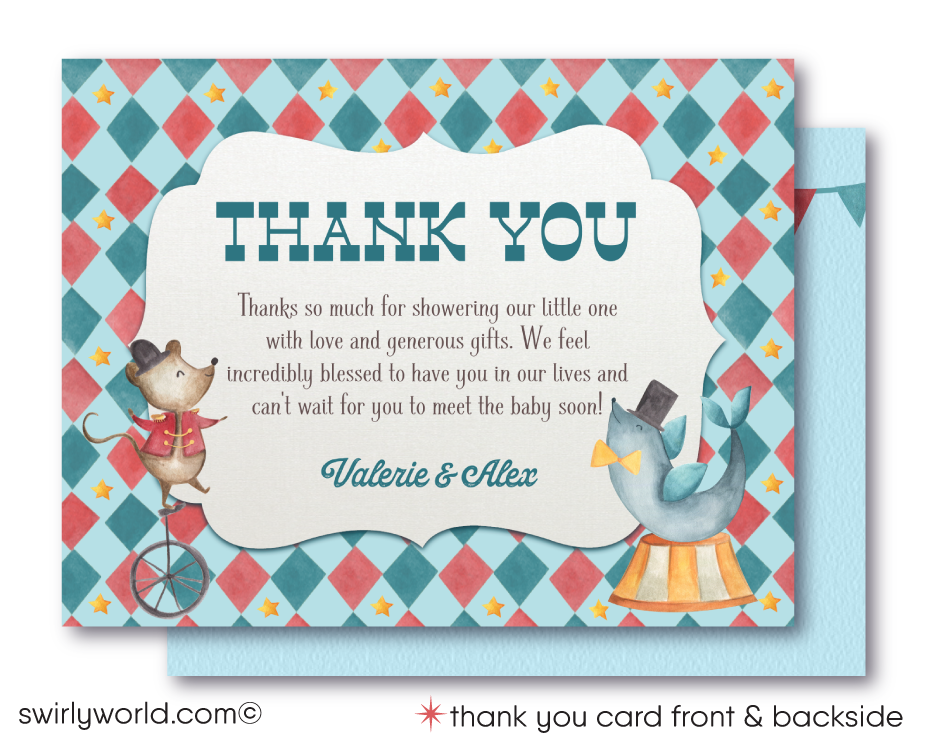 Delight in our French Vintage Carnival Circus Baby Shower Set, featuring watercolor circus characters like elephants, tigers, and pandas. Customize this nostalgic digital download with movable layers and vintage fonts. Perfect for a gender-neutral couple's shower that's as enchanting as it is memorable.