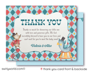 Delight in our French Vintage Carnival Circus Baby Shower Set, featuring watercolor circus characters like elephants, tigers, and pandas. Customize this nostalgic digital download with movable layers and vintage fonts. Perfect for a gender-neutral couple's shower that's as enchanting as it is memorable.