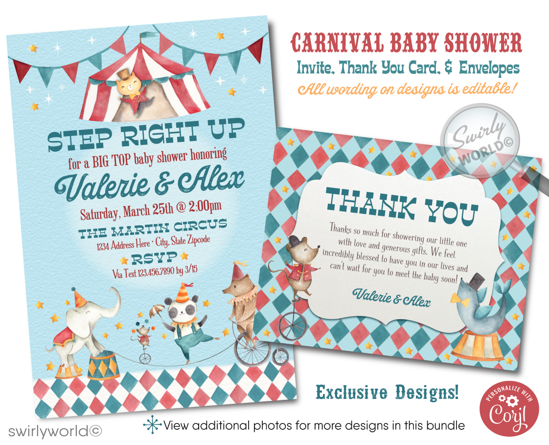 Delight in our French Vintage Carnival Circus Baby Shower Set, featuring watercolor circus characters like elephants, tigers, and pandas. Customize this nostalgic digital download with movable layers and vintage fonts. Perfect for a gender-neutral couple's shower that's as enchanting as it is memorable.