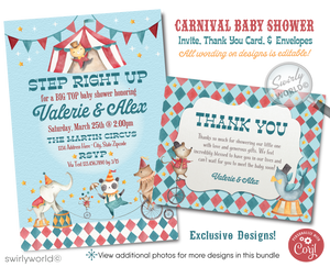 Delight in our French Vintage Carnival Circus Baby Shower Set, featuring watercolor circus characters like elephants, tigers, and pandas. Customize this nostalgic digital download with movable layers and vintage fonts. Perfect for a gender-neutral couple's shower that's as enchanting as it is memorable.