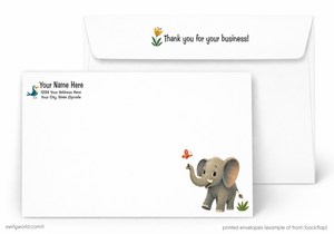 Envelopes with a cartoon elephant and butterfly design, featuring a personalized address field.