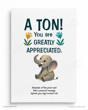 Card with an elephant illustration and text expressing appreciation.