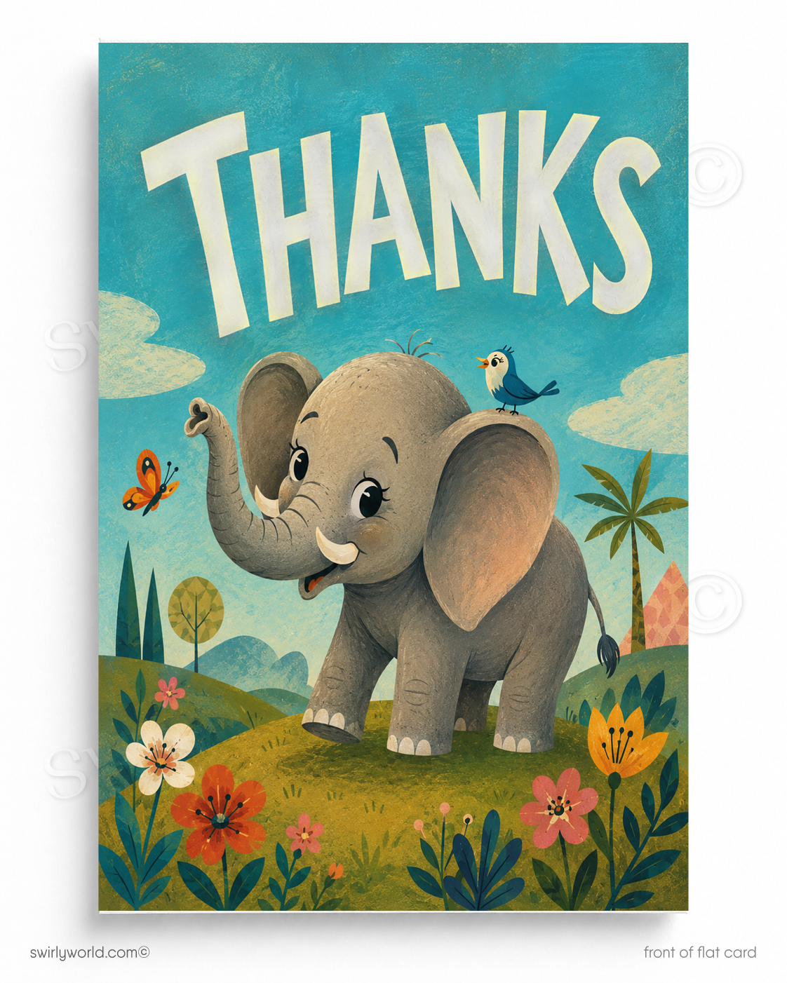 Illustration of an elephant with a bird on its head, surrounded by flowers and trees, with the word 'THANKS' above.