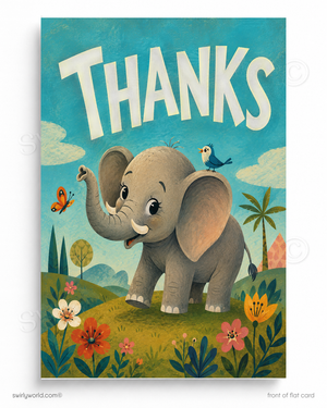 Illustration of an elephant with a bird on its head, surrounded by flowers and trees, with the word 'THANKS' above.