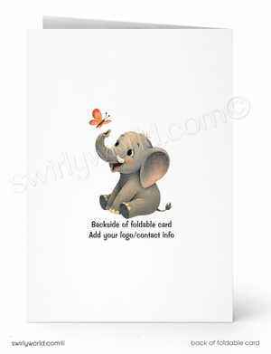 Backside of a foldable card with an illustration of an elephant and butterfly, featuring Swirly World branding.