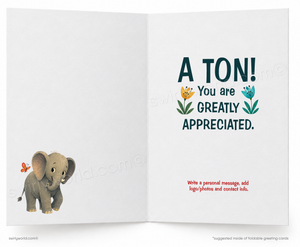 Open card with an elephant illustration and text on a white background