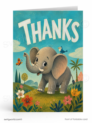 Card with an elephant and bird in a scenic background, featuring the word 'THANKS'.