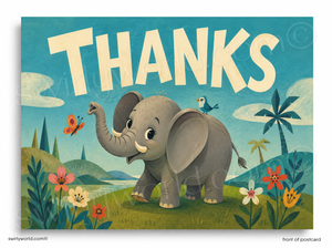 Postcard with an elephant and floral design, featuring the word 'THANKS'.