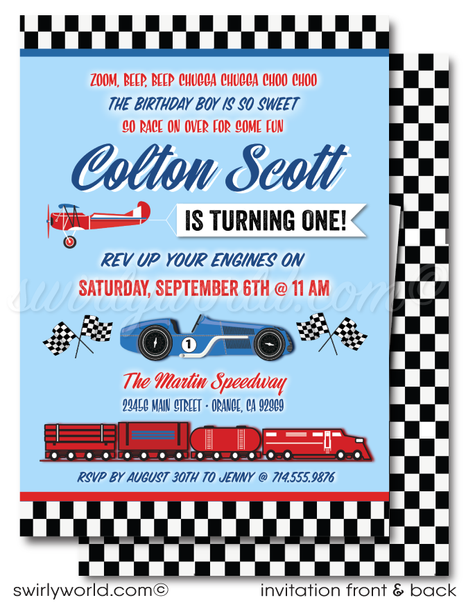 Retro Vintage Planes, Trains, and Automobiles' Cars 1st Birthday Digital Invitation 