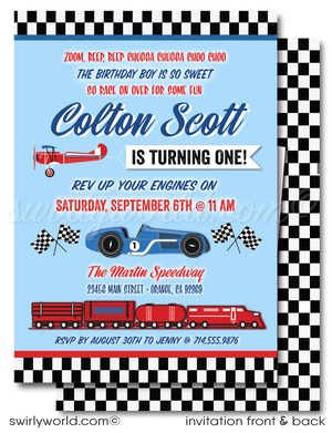 Retro Vintage Planes, Trains, and Automobiles' Cars 1st Birthday Boy Printed Invitations