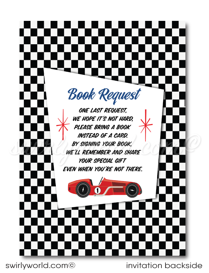 Retro Vintage Planes, Trains, and Automobiles' Cars 1st Birthday Boy Printed Book Request Card Invitations