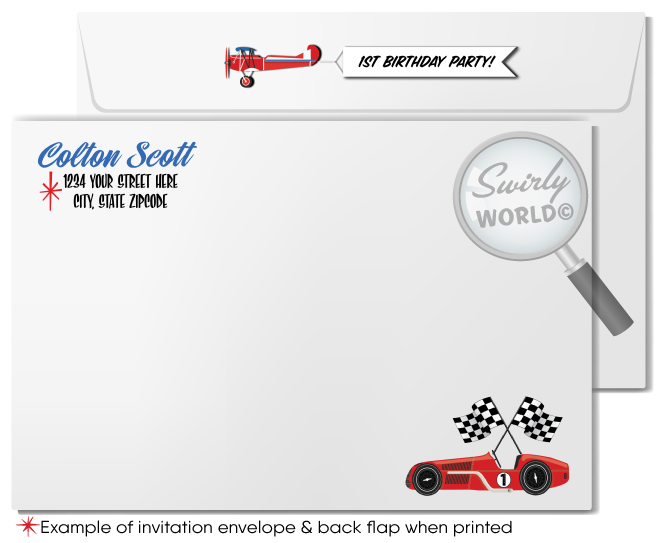 Retro Vintage Planes, Trains, and Automobiles' Cars 1st Birthday Boy Printed Invitations