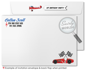 Retro Vintage Planes, Trains, and Automobiles' Cars 1st Birthday Digital Invitation 