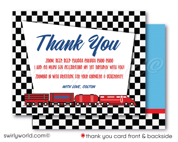 Retro Vintage Planes, Trains, and Automobiles' Cars 1st Birthday Boy Printed thank you cards and Invitations