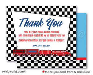 Retro Vintage Planes, Trains, and Automobiles' Cars 1st Birthday Boy Printed thank you cards and Invitations
