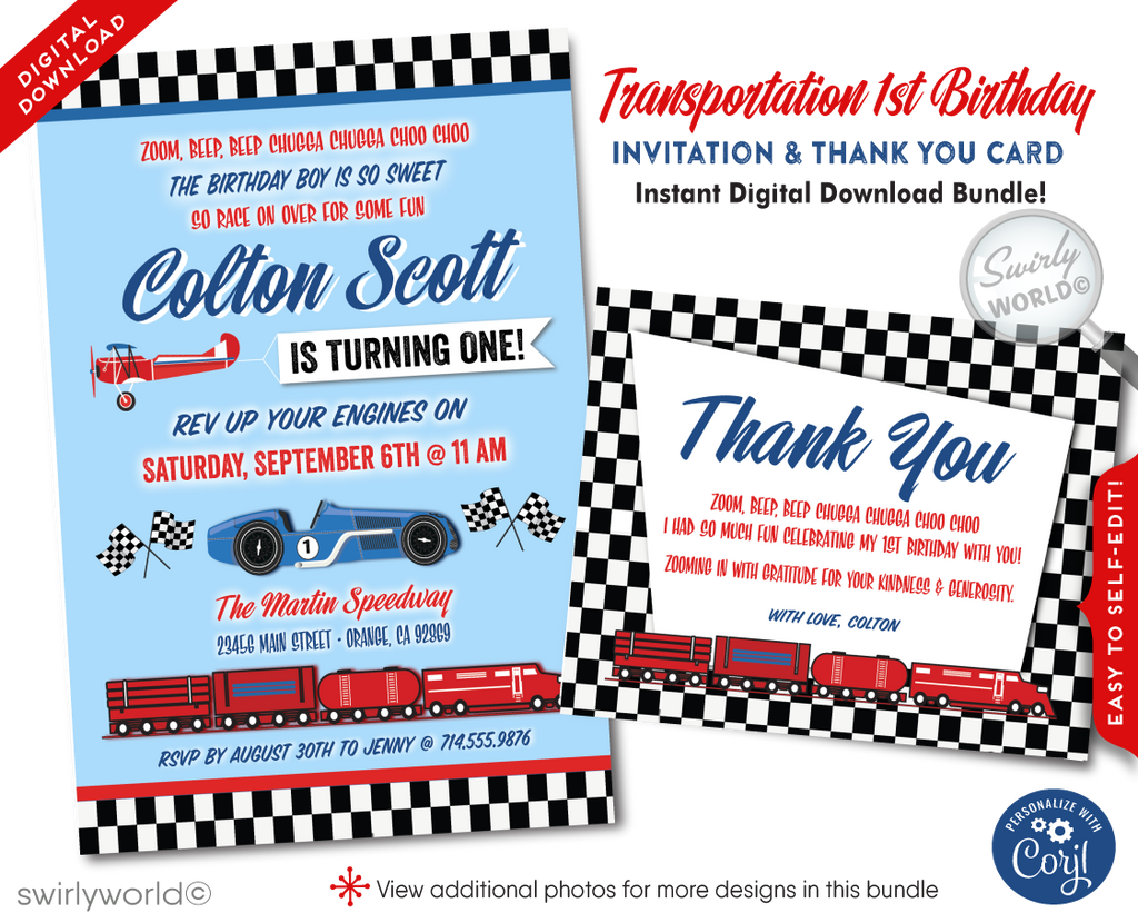 Retro Vintage Planes, Trains, and Automobiles' Cars 1st Birthday Digital Invitation 