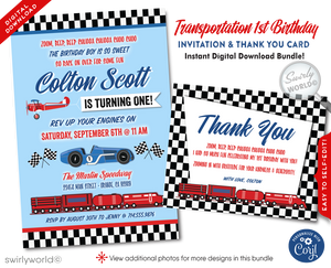 Retro Vintage Planes, Trains, and Automobiles' Cars 1st Birthday Digital Invitation 