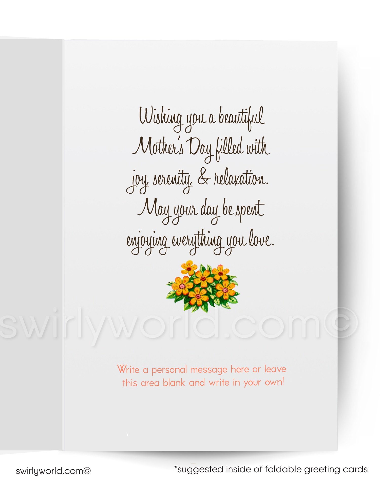 Vintage-style Mother's Day card with a girl holding a flower pot and text 'Happy Mother's Day' on a pink background.
